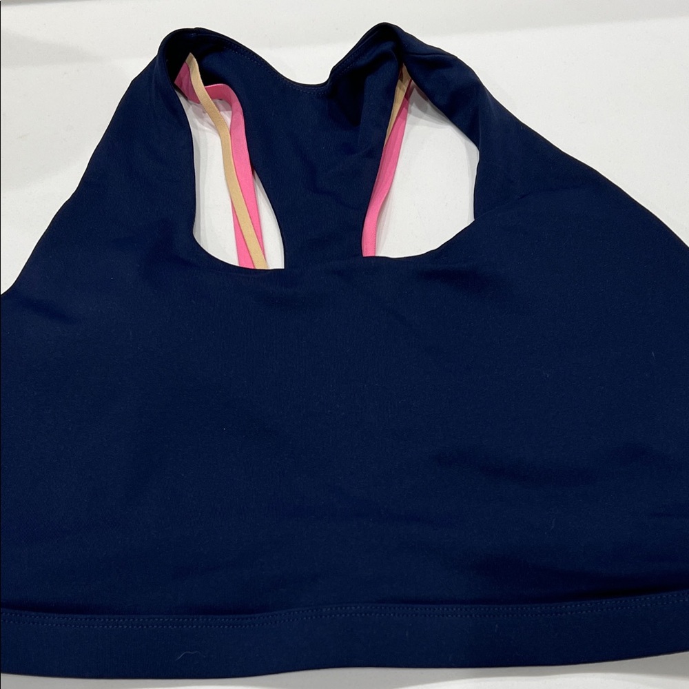 Fabletics Navy Sports Bra with Pink and Yellow Straps